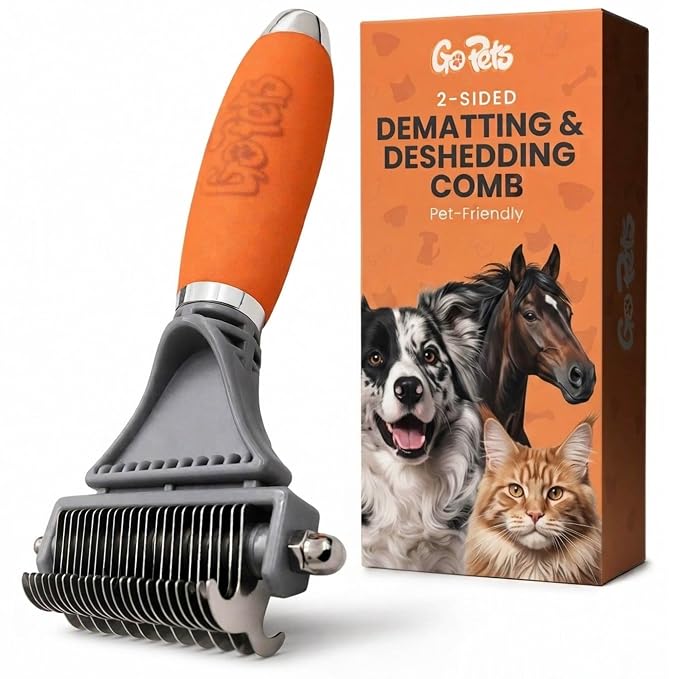 2-in-1 Deshedding & Dematting Comb & Grooming Brush for Dogs & Cats | Double-Sided Dog Rake for Shedding, Pet Deshedding Brush, Undercoat Mat Dematting Tool for Long Haired Cats, Grooming Matting