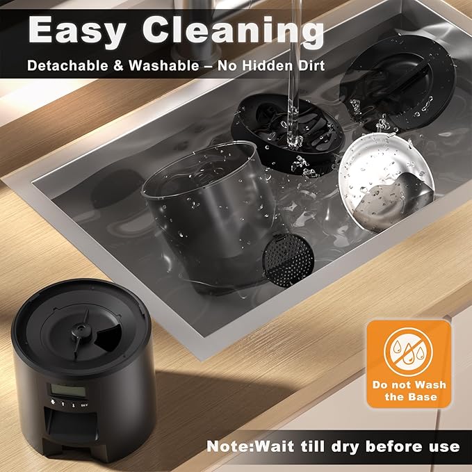Automatic Cat Feeder 4.2L,6 Meals/Day,Dual Power Portion Control Feeder,Dry Pet Food Auto Dispenser,Timer Setting,10S Voice Record (Transparent Black, Stainless Steel Bowl)