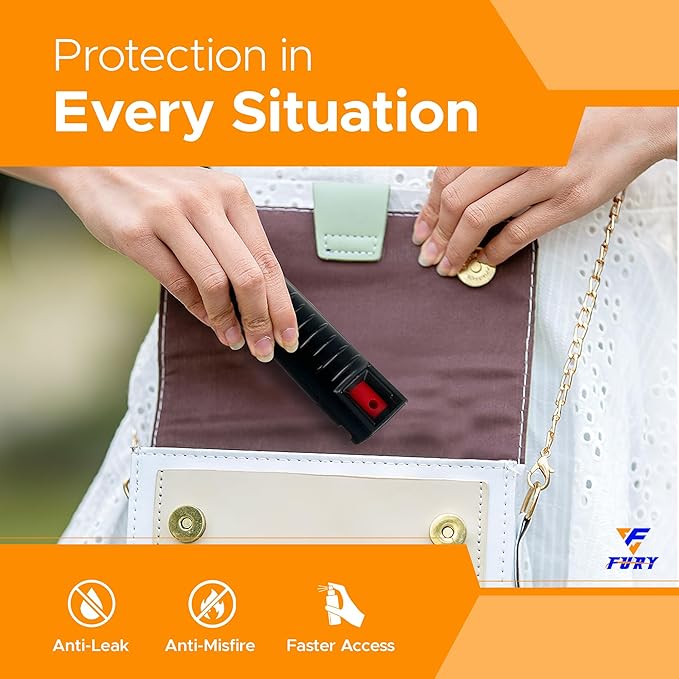 FURY Hardshell Pepper Spray - 12Ft Range, Max Strength, UV Dye Identifier, Anti-Leak & Anti-Misfire, Slidetop Trigger, Belt Clip & Key Ring, Multiple Color Options, Self-Defense Spray