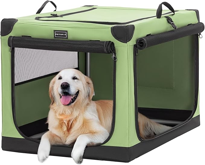 PETSFIT 40" Soft Portable Dog Crate – Patented Spiral Sturdy Frame, Collapsible Travel Kennel for Large Dogs, 3 Mesh Door, Lockable Zippers, Indoor & Car Use Green