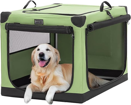 PETSFIT 40" Soft Portable Dog Crate – Patented Spiral Sturdy Frame, Collapsible Travel Kennel for Large Dogs, 3 Mesh Door, Lockable Zippers, Indoor & Car Use Green