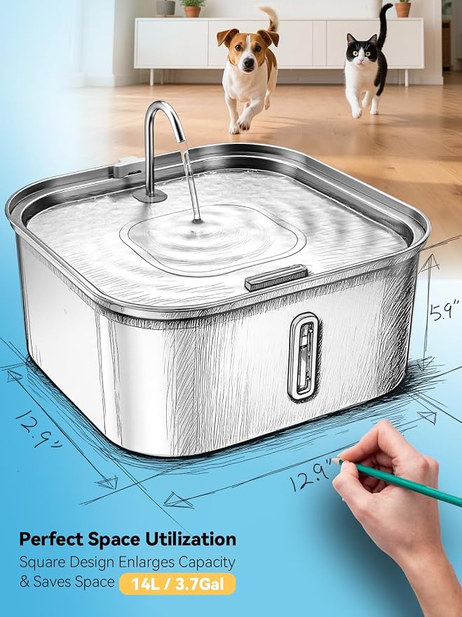 Large Dog Water Fountain 14L/3.7Gal, Stainless Steel Pet Fountain for Large Dogs and Multi-Pets Families, Visible Window & Extra Wide Drinking Area, Enlarges Capacity & Saves Space (with 3pcs Filters)
