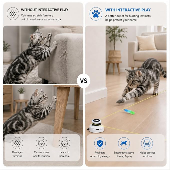 Automatic Cat Toy for Indoor Cats, Interactive Cat Chase Toy with Moving Feather Lure, DIY Floor Route Kit, Rechargeable Self-Play Cat Exercise Toy