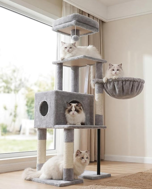 Heybly Cat Tree, 49.2 Inches Cat Tower for Indoor Cats, Spacious Cat House Condo with Hidden Space，Sturdy Steel Tube，Soft Plush Top Perch，Cozy Hammock and Sisal Scratching Posts, Light Gray HCT200SW