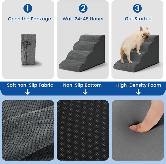 Dog Steps for Bed 17.7" H, 4-Step Pet Stairs Ramp for Small & Medium Dogs | Airpanda Dog Stairs with Washable Cover & High-Density Foam,Gentle Curved Design,Ideal for Senior & Short-Legged Dogs,Grey