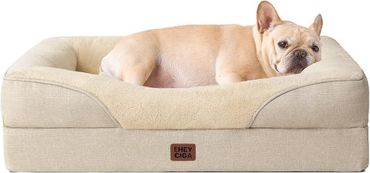 EHEYCIGA Orthopedic Dog Bed for Medium Dog, Memory Foam Dog Couch, Beige | 30x20 Inch Dog Sofa with Sides, Waterproof Liner & Washable Removable Cover, Bolster Pet Couch