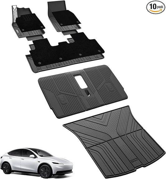 3W Floor Mats with Carpets for 2025 2026 Tesla Model Y Juniper Only Fit Standard 5 Seat Metal Pedal Liner & Rear Cargo Mat & Backrest Mats Anti-Slip All Weather TPE Car Accessories, Black, Vigormold™