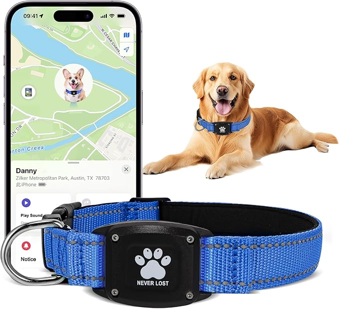 GPS Dog Collar Tracker 2-in-1,Reflective Waterproof Pet Collar,iOS-Only,No Monthly Fees,Unlimited Range,Dog Tracking Collar Pet Tracker,for Small Medium Large Dogs(L (16.6"-24"), Blue)