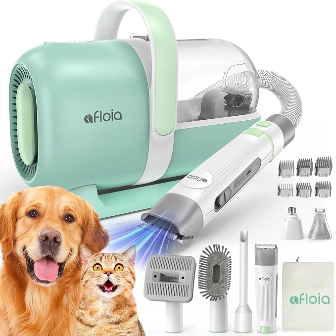 Afloia 6-in-1 Dog Grooming Vacuum Kit, Pet Clipper & Nail Grinder, Green | All-in-one grooming covers brushing, clipping, trimming and nail care, 1.5L dust cup, 3 suction levels, low-noise comfort