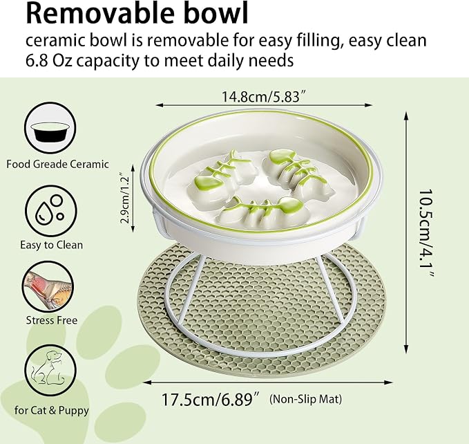 Ceramic Elevated Slow Feeder Cat Bowl, Anti Vomit, Removable Dish, Green | Removable Ceramic Bowl Elevated Anti Vomit Whisker-Friendly Wet & Dry Food Green Glazed Finish