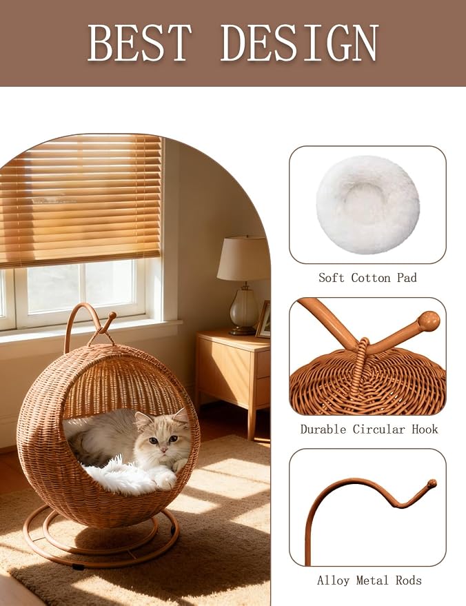 Wicker Cat Bed Indoor & Outdoor, Handwoven PP Rattan Cat Swing Bed with Removable Washable Cushion, Breathable Waterproof Cat House for Cats & Small Dogs (Large–16.9" L × 25.98" H)