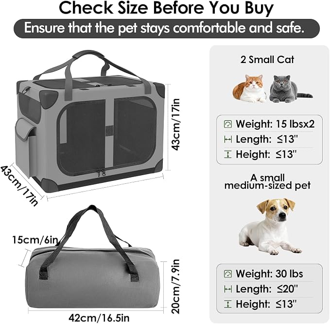 Extra Large 2-Cat Foldable Pet Travel Carrier,24"x17"x17",Gray | Removable Divider, Metal Frame Support, Breathable Mesh Panels, With Storage Tote & Padded Straps