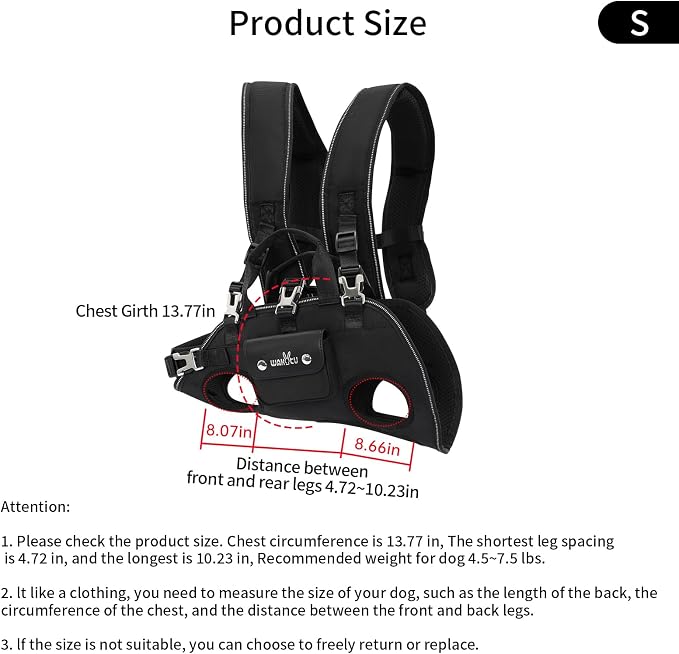 Wakytu Dog Backpack Carrier for Dogs,Dog Lift Harness | Adjustable Padded Breathable Straps for Dogs, Disabled, Joint Injuries, Arthritis,S