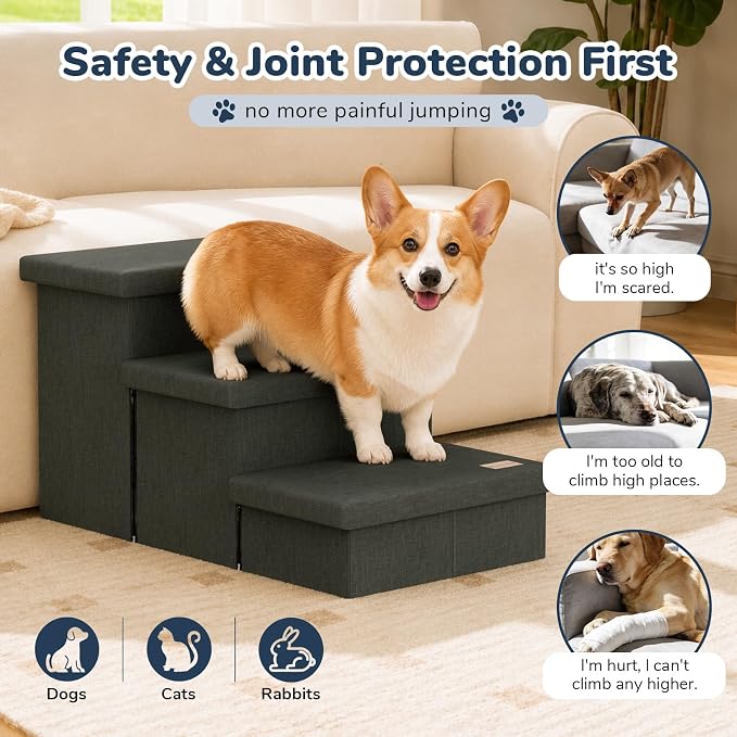 3-Step Wide Dog Stairs with Hidden Storage 18" H, Non-Slip Dog Steps for High Bed Couch Window Car, Jiont-Friendly Pet Stairs Ramp for Small/Medium/Large Old Dogs Cats Up to 200lbs, Grey Green