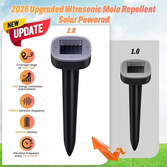 10 Pack Mole Repellent Solar Powered, Snake & Skunk & Vole & Gopher & Armadillo & Rabbit & Groundhog & Chipmunk & Raccoon Repellent for Yard, IP65 Waterproof Ultrasonic Deterrent for Lawns Garden