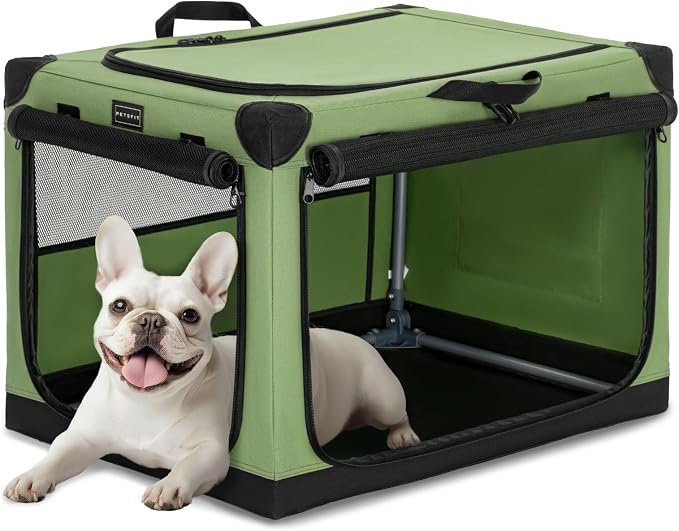 PETSFIT 26" Soft Portable Dog Crate – Patented Spiral Sturdy Frame, Collapsible Travel Kennel for Small Dogs, 3 Mesh Door, Lockable Zippers, Indoor & Car Use Green