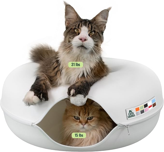 Peekaboo Cat Cave, Extra Spacious for Multiple & Large Cats 15+ lbs, Scratch Detachable Cat Beds for Indoor Cats, Washable Tunnel Bed, Comfy Donut Tunnel (White, Jumbo)