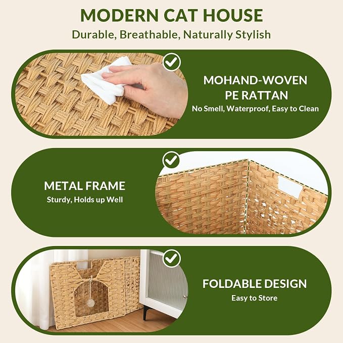 Handwoven Rattan Cat Bed Indoor Kitten, Cat Bed Cave with Cushion, Sisal Ball & S-Shaped Hooks, Foldable Hideaway Cat House for Bedroom Living Room, Natural