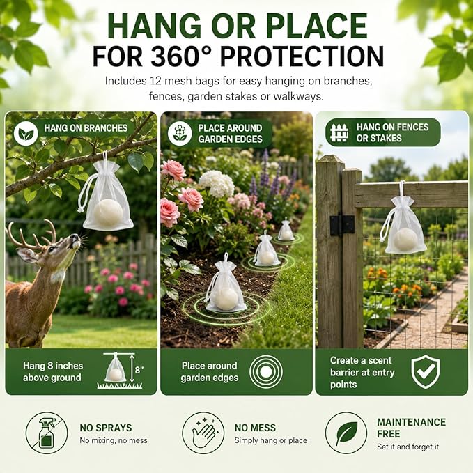 12Pack Deer Repellent for Plants,Deer Repellent Outdoor,Rabbit Repellent for Yard,Bunny Repellents Keep Deer,Elk,Moose,Hares Away from Flower, Creates Protective Zone for Flowers,Vegetables,Shrubs