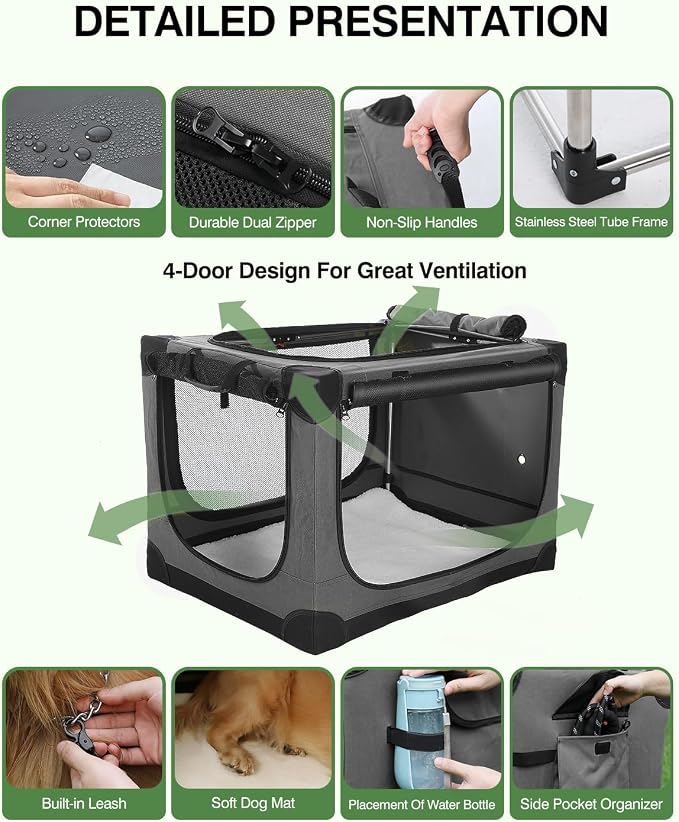 Veraste 30" Soft Collapsible Travel Dog Crate for Medium Dogs,Grey | 4-Door Foldable Travel Crate,breathable mesh, foldable with storage bag
