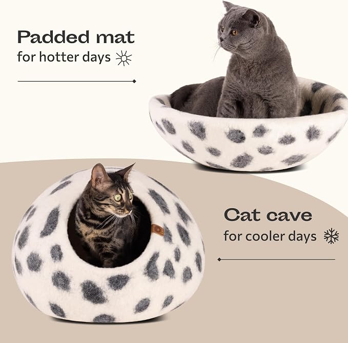 Cat Cave – Premium Felt Cat Bed Enclosure for Indoor Cats, Handmade Merino Wool (Snow Leopard, Medium)