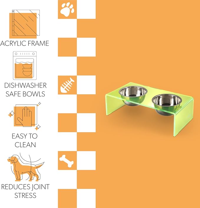 DBL2001G Keaton 7.5" Medium/Large Modern Acrylic Rectangular Elevated Pet Feeder with 54oz 2-Stainless Steel Bowls, Green/Chrome
