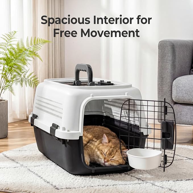 NEWBULIG 23" Hard-Sided Dog Carrier, Plastic Cat & Dog Crate, 4-Sided Ventilation Travel Pet Kennel, Top & Front Door Access, Integrated Food Bowl, for Small Pets up to 22 lbs, White & Black