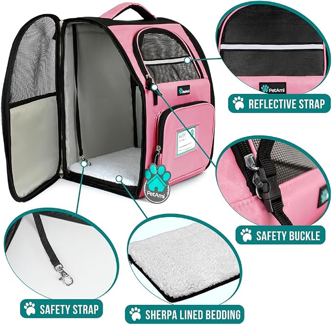 PetAmi Dog Backpack Carrier for Small Medium Dogs Large Cats up to 18 lbs, 2 Side Entry, Structured No-Collapse Frame, Airline Approved Ventilated Pet Backpack for Hiking Camping Travel Vet, Pink