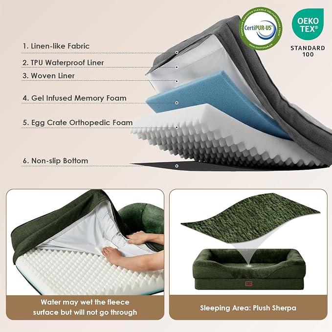 EHEYCIGA Orthopedic Dog Bed for Medium Dog, 35x22x6.5 Inch Memory Foam Dog Couch Bed with Sides, Waterproof Liner & Washable Removable Cover, Bolster Pet Sofa, Dark Green