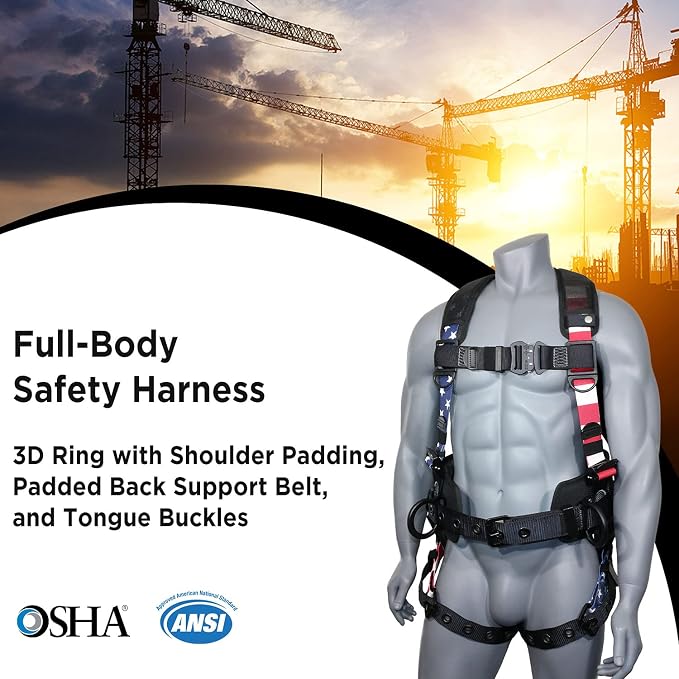 AFP Fall Protection Full-Body Premium Safety Harness, 8” Thick Support Belt, Aluminum D-Rings, Tongue Buckle (OSHA/ANSI PPE)