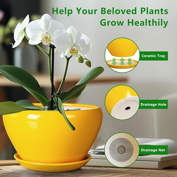 Ceramicfor Indoor Planter 11 Inch - Decorative Mid-Century Large Ceramic Plant Pot for Outdoor Plants with Drainage Hole and Saucer, Home Balcony House Garden Patio Office Room Decor, Yellow