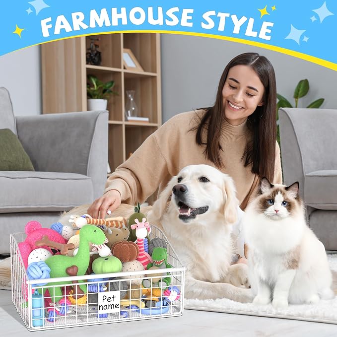Kaiferty Indestructible Dog Toy basket, Medium Toy Box for Dogs,Pet Toy Bin Dog Metal Basket for Toys, Dog Toy Storage, Dog Storage Organizer,Dog Toy Box for Living Room Area (White)