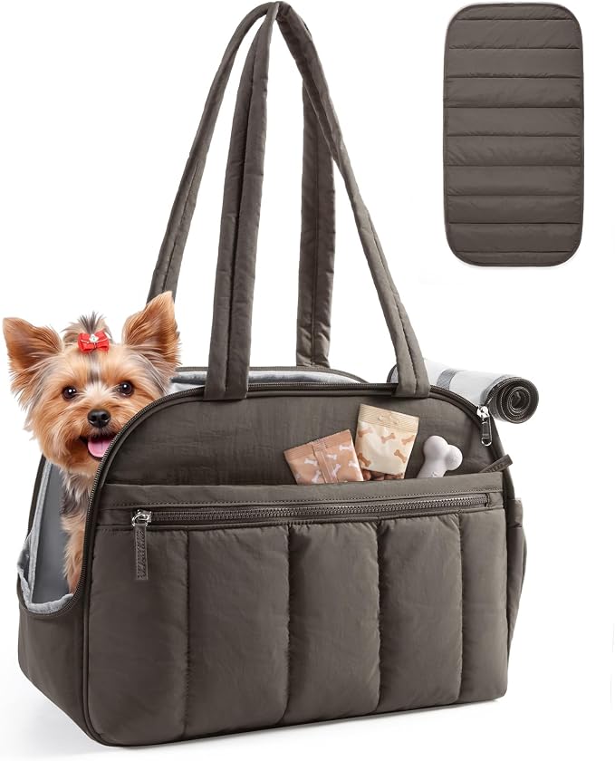 BAGSMART Dog Purse Carrier for Small Dogs Up to 13lbs Puppy Travel Tote Bag | Quilted Puffy Soft Sided Pet Handbag with Pockets, Collapsible Lightweight Portable Carrying with Safety Tether & Mat, Grey