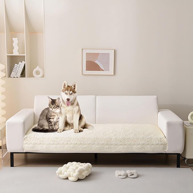 HANDONTIME Cotton Couch Cover for Dogs Breathable & Pet-Friendly Sofa Cover, Embroidery Dog Couch Cover Elegant Floral Quilted Slipcover, Non-Slip Washable Furniture Protector (Ivory, 35.4" x 63)