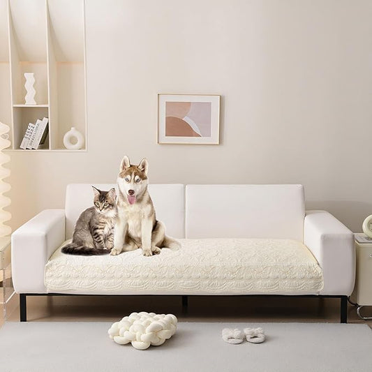 HANDONTIME Cotton Couch Cover for Dogs Breathable & Pet-Friendly Sofa Cover, Embroidery Dog Couch Cover Elegant Floral Quilted Slipcover, Non-Slip Washable Furniture Protector (Ivory, 35.4" x 63)