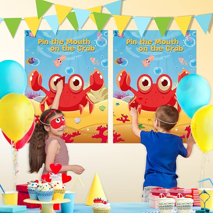 NEBURORA 2 Pack Pin The Mouth on The Crab Party Game 2 Large 21"x 28" Posters with 48pcs Stickers Ocean-themed Birthday Party Supplies Decorations for Kids Boys Classroom Game Wall Home Decor