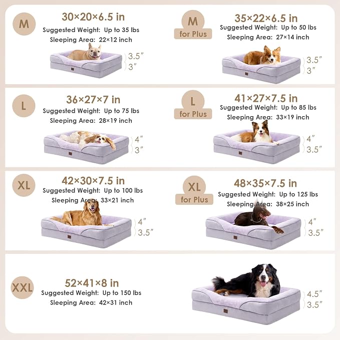 EHEYCIGA Orthopedic XL Dog Bed for Large Dog, Memory Foam Dog Couch, Purple | 48x35 Inch Extra Large Sized Dog Sofa with Sides, Waterproof Liner & Washable Removable Cover, Bolster Pet Couch