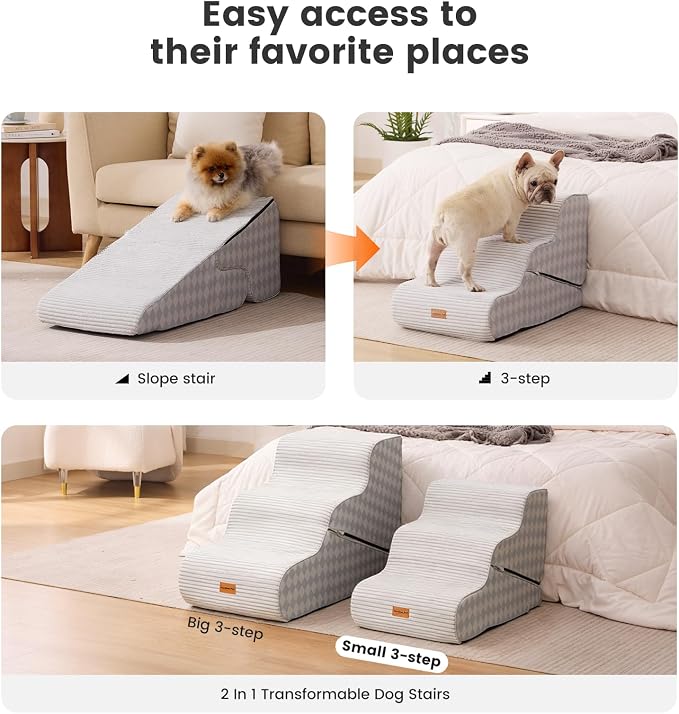 Gardner Pet Dog Stairs for Small Dogs 16.5" H, 2 in 1 Transformable 3-Step Pet Stairs and Ramp, Dog Steps for Couch Bed (13-20 in) Non-Slip Waterproof Cover and CertiPUR-US Certified Foam, Checked