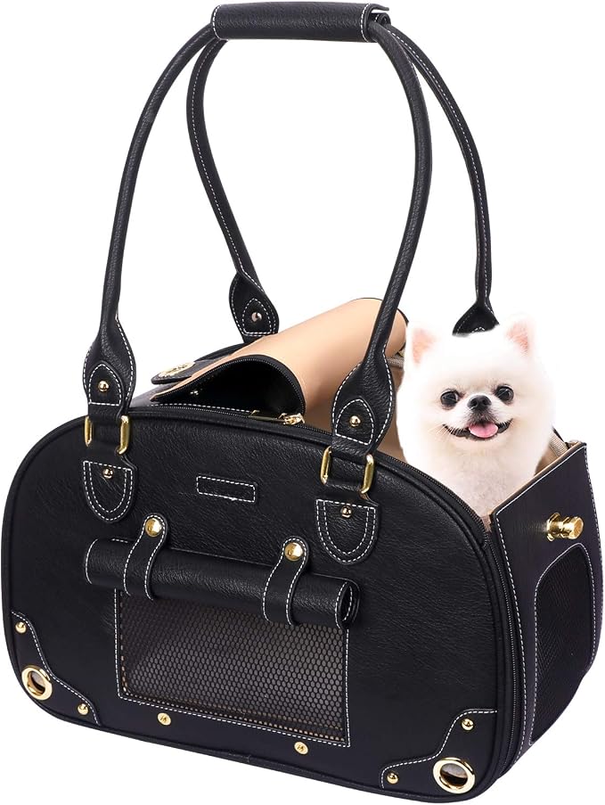 Dog Carrier Purse, Pet Carrier, Waterproof Premium Leather Pet Travel Portable Bag Carrier for Cat and Small Dog Home & Outdoor Medium Black
