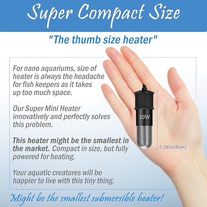 Super Mini Aquarium Heater 10W Betta Heater for 1-2 Gallon Tanks, Small Fish Tank Heater Turtle Heater with Dry-Run/Overheat Protection, Memory Function
