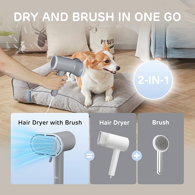 iPettie Dog Grooming Hair Dryer with Slicker Brush, Overheat Protection | 2-in-1 Drying & Brushing Tool, Adjustable Temperature & Speed, Portable Blow Dryer for Dogs and Cats, Breeze B540S