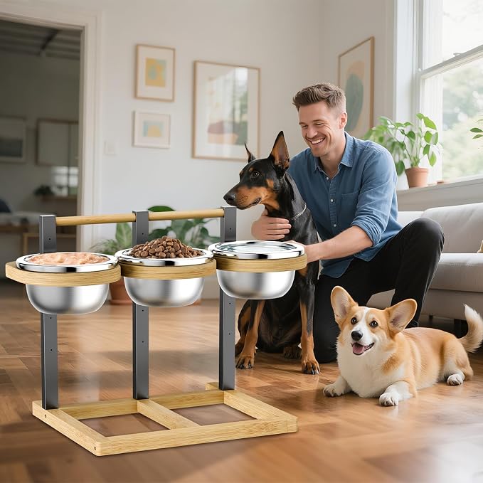 Elevated Dog Bowl,Bamboo Raised Dog Bowl,5-Height | Adjustable Dogs Food Bowls Stand,Dog Feeding Station with 3 Food and Water Bowls for Medium,Large Dogs