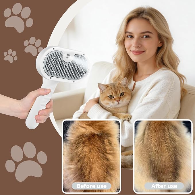 Pet Steam Brush for Dog & Cat - 3-in-1 Steam Grooming Brush for Shedding & Hair Removal - Self Cleaning Spray Comb with Mist for Long Haired Pets, Grey