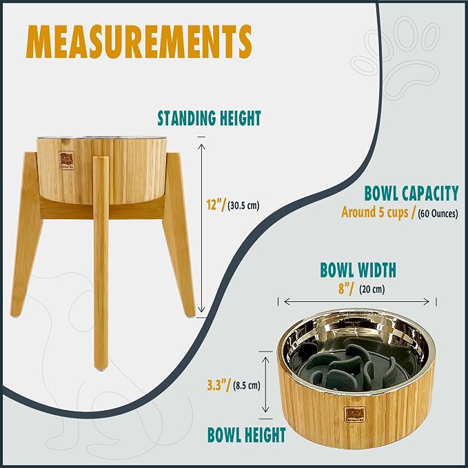 Slow Feeder Dog Bowl for Large Dogs - Elevated Food Stand, Collapsible | Raised Dog Bowl with Anti-Choking Insert, 12-Inch High, Anti-Wobble Lock, Resist Tipping - Stainless Steel, Bamboo