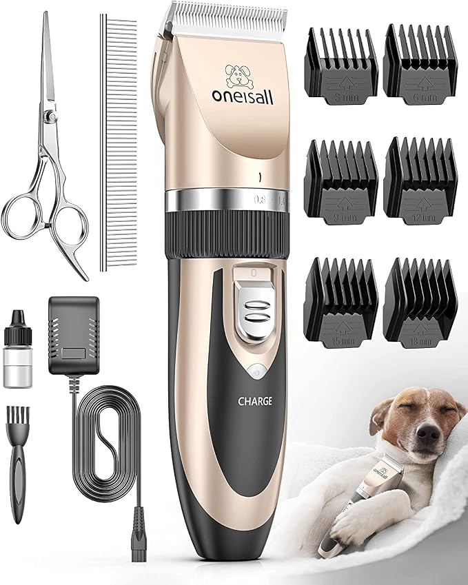 oneisall Dog Clippers Grooming Kit for Dogs Cats Pets | Low Noise, Rechargeable Cordless, Long Battery Life, Simple for Beginners, 6 Guide Combs, Removable & Rinsable Blade