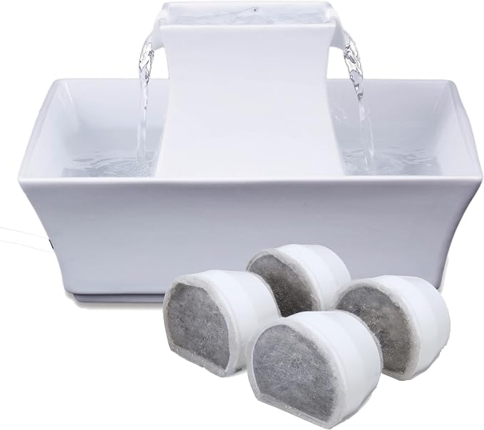 PetSafe Drinkwell Pagoda Fountain, 70 oz Ceramic, 4-Pk Filters Included | 2 Free-Falling Water Streams Encourage Hydration, Pet Water Fountain for Cats & Dogs, Includes 4 Carbon + 2 Foam Filters