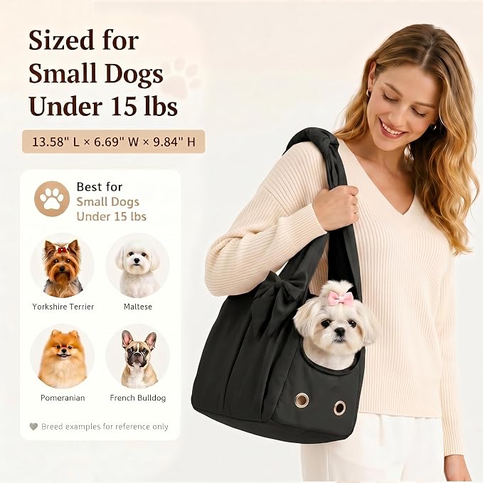 Fashion Dog Purse Carrier for Small Dogs and Cats, Soft-Sided Puppy Tote Bag Under 15 lbs, Lightweight Pet Carrier with 4 Pockets, Smart Zipper Lock, Pet Travel Bag for Travel Outdoor(Black)