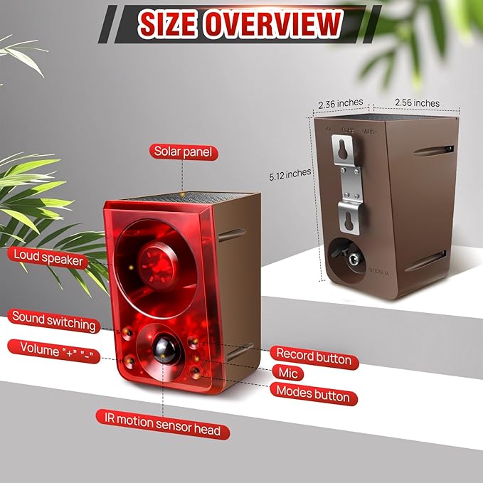 Solar Outdoor Motion Sensor Alarm, Dog Barking&Gunshot Sound,130db Loud Noise Maker,Support Recording,13 Kinds of Sound and Strobe Light to Deter Raccoons, Deer, Skunks, Bears, and Coyotes