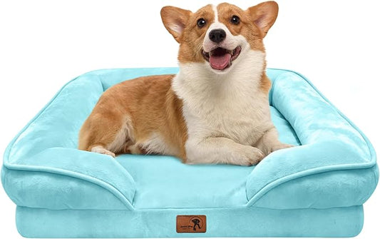 Spotted Play Orthopedic Dog Bed with Sides - Sofa Beds for Medium Dogs, Supportive Foam Pet Couch Bed with Washable Removable Cover, Waterproof Lining and Non-Slip Bottom, Ice Blue - M