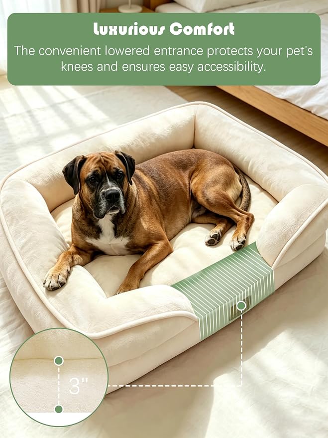 Spotted Play Orthopedic Dog Bed with Sides - Sofa Beds for Large Dogs, Supportive Foam Pet Couch Bed with Washable Removable Cover, Waterproof Lining and Non-Slip Bottom, Ivory - L-Plus